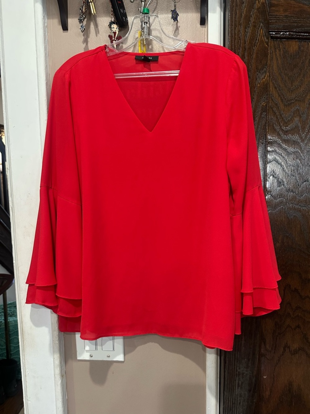 Alfani Bright Red V-Neck Layered Bell Sleeve Blouse